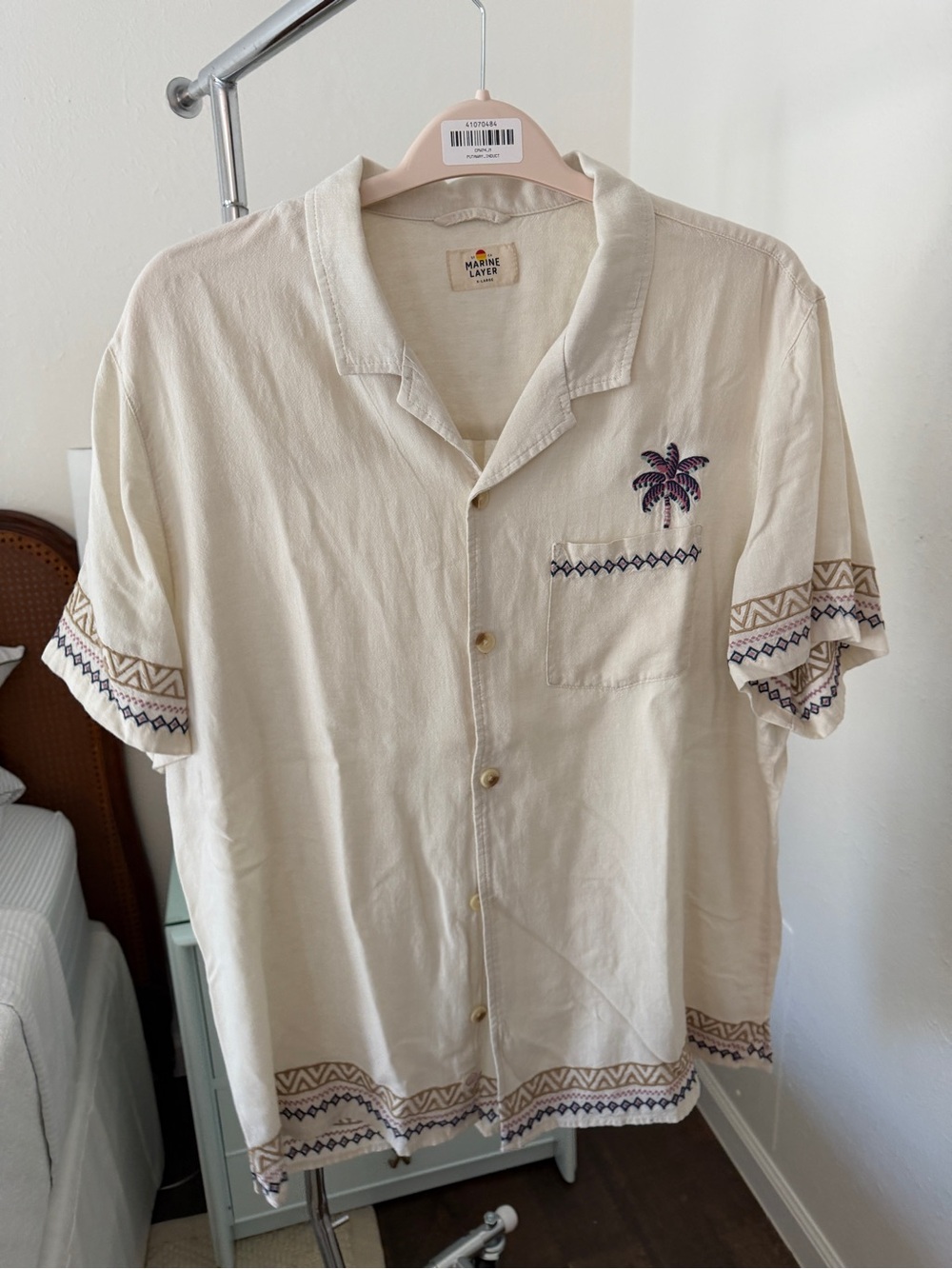 Marine Layer Men's Cream Short-Sleeve Camp Shirt with Embroidered Palm